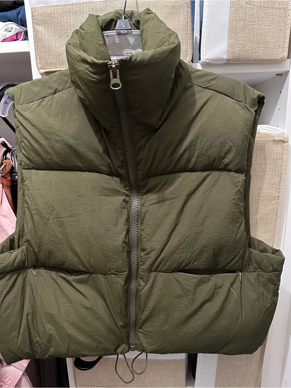 Women’s Olive Green Puffer Vest - Sleeveless Zip Front. Size XL